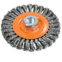 Wide Knotted Wire Wheel Brush, 4-1/2" Dia., 0.02" Fill, 5/8"-11 Arbor, Steel UE934 | Office Plus